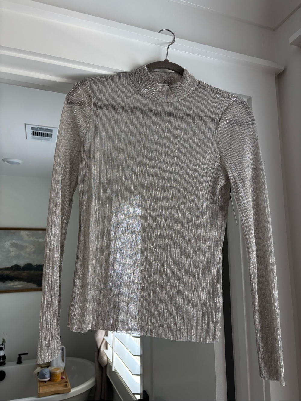 Nordstrom Silver Metallic Mock Neck Long-Sleeve Top